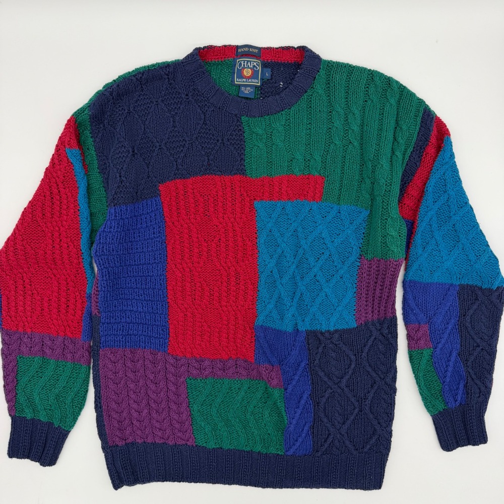 Chaps Ralph Lauren Patchwork Sweater L Hand Knit Colorblock Cable‎ Knit 90s